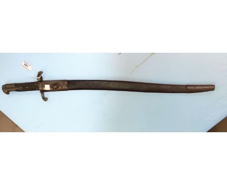 A BRITISH 1860 pattern Yataghan sword bayonet with leather scabbard, the blade stamped WD 13 crown (blade 58cm) 