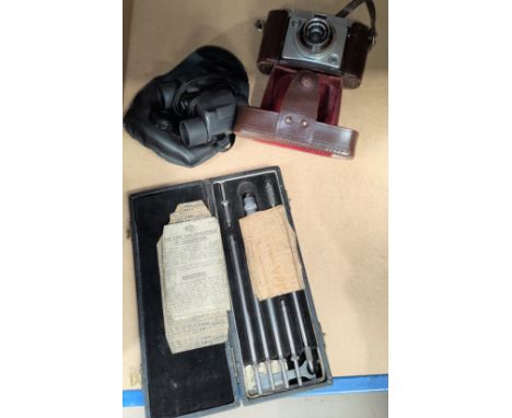 A vintage German Ilford camera in brown leather case with dacora lense; Jupiter Pentax field-glasses; a cased set of Moore &a