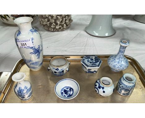 Five Chinese miniature blue and white vases and three other Chinese miniature blue and white itemsThe tall vase is damaged to