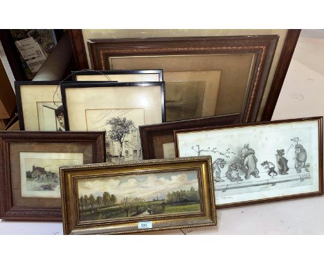A continental oil on board monogrammed with windmills in the background in gilt frame 12cm x 34 cm and other prints etc 