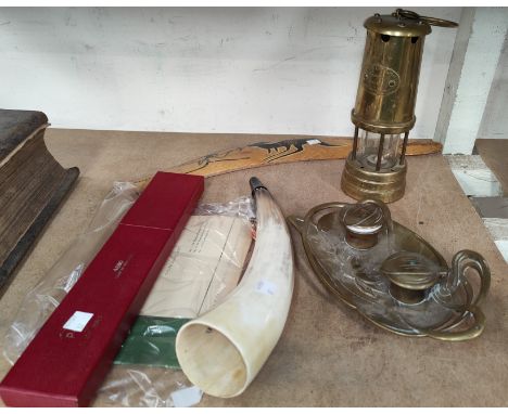 An Art Nouveau brass double inkwell, a 20th century Miner's lamp; a 19th century family bible; a vintage photo of Geronimo et