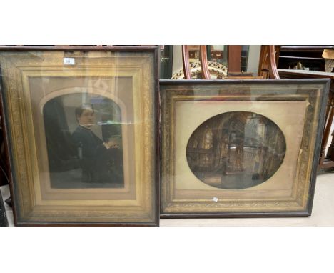 A Victorian cabinet frame containing three quarter  length portrait of a woman, 70 x 60 cm; and another, 59 x 69 cm overall 