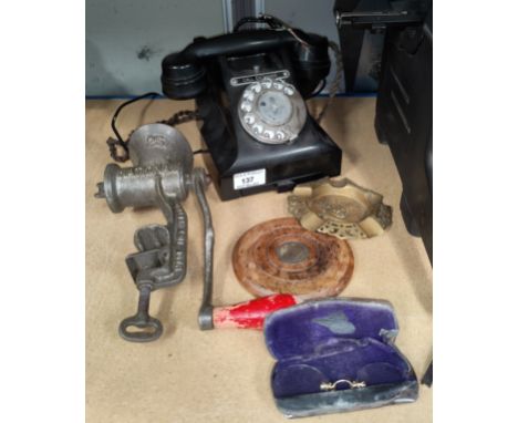 A vintage G.P.O. call exchange rotary telephone; a vintage coffee grinder, a pair of pince nez, other collectables 