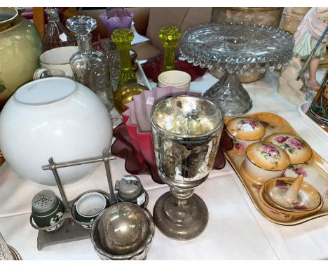 An oil lamp with cranberry shade; 2 glass light shades; etc. 