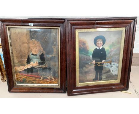 A Victorian rosewood veneered cushion frame containing an overpainted portrait of a boy with a bugle, 78 x 67 cm overall; a s