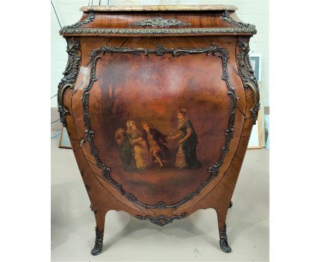 A large 19th Century Louis XV style quarter veneered Kingswood Bombay commode cabinet with variegated marble top and extensiv