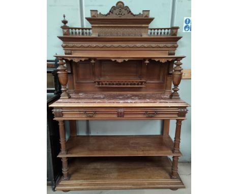 A Victorian mahogany 3 tier dumb waiter with marble shelf, 2 drawers and 2 shelves below with back having small gallery shelf