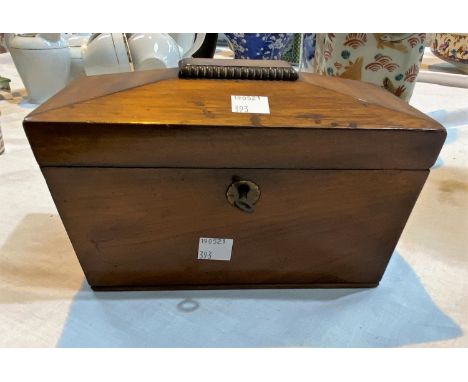 An early 19th century mahogany tea caddy, sarcophagus shaped with 2 divisions 
