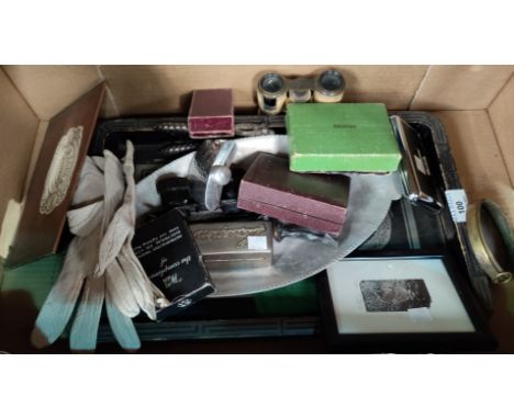 A selection of collectables:  a lacquer and pewter tray; opera glasses; playing cards; etc. 