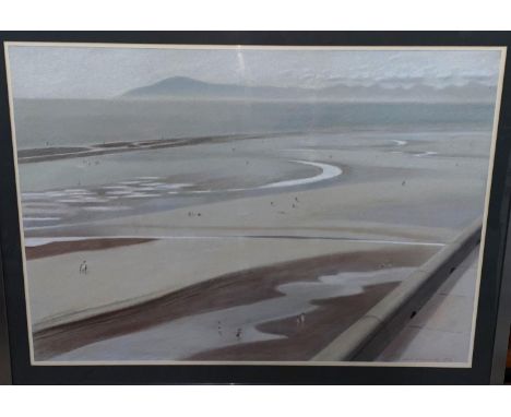 Derek Wilkinson:  Coastal scene with figures on a beach, pastel, signed, 48 x 87 cm, framed and glazed 