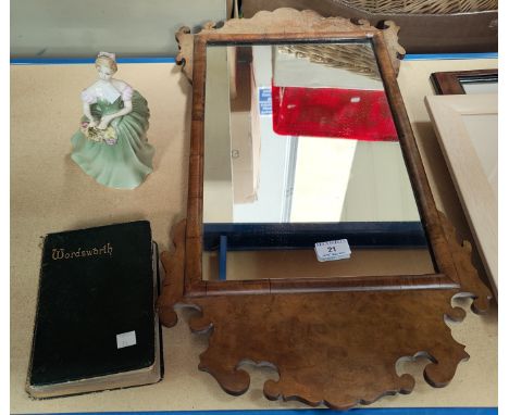 A Chippendale style wall mirror in walnut fretwork frame; a Royal Doulton figure:  Clarissa; a book of Wordsworth poems 