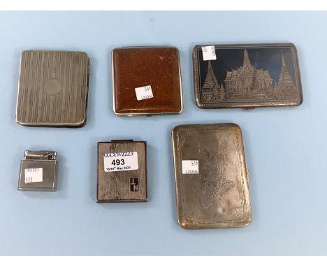 A hallmarked silver compact, London 1946; a vintage cigarette lighter and various cigarette cases 