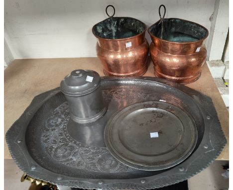 An Arts &amp; Crafts planished pewter tray with classical floral decoration; 3 18th century pewter plates; a pewter tobacco j