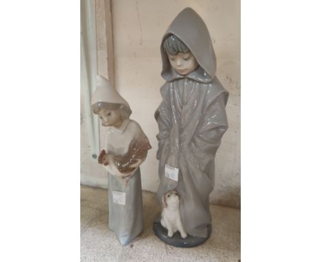 A Nao figure of a boy Monk in robes with a dog, H: 27cm;  A Lladro figure of a girl with a cockerel, H:20cm 