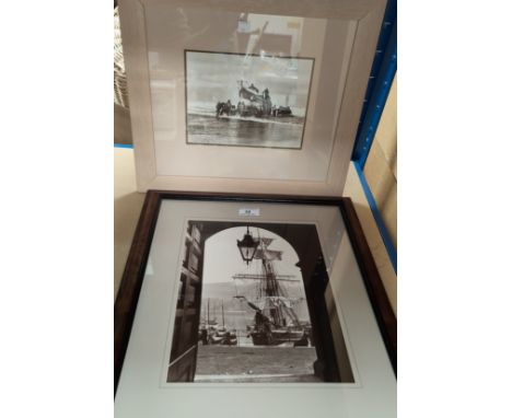 After Frank Meadow Sutcliff:  Whitby Harbour &amp; Launching the Lifeboat, 2 photographic prints, 29 x 23 cm &amp; 16 x 21 cm