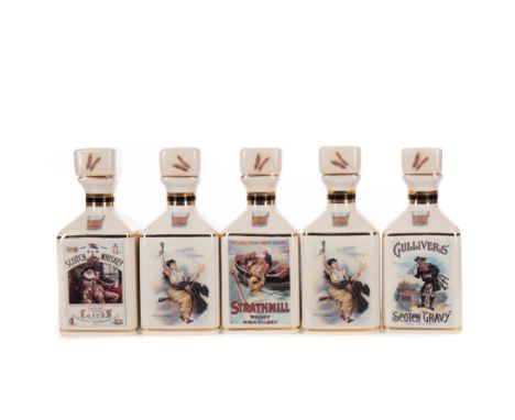 FIVE WHISKY THEMED 10CL POINTERS DECANTERS Blended Scotch Whisky Each depicting old Whisky adverts, including 'Strathmill', '
