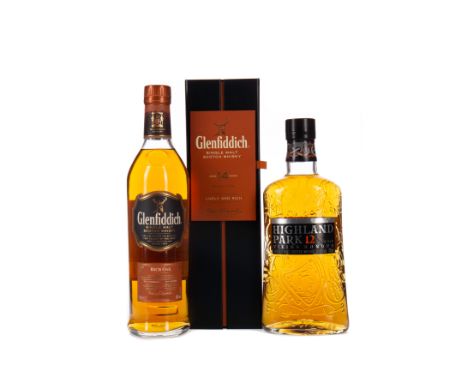 GLENFIDDICH RICH OAK AGED 14 YEARS Single Malt Scotch Whisky 70cl, 40% volume, in box. HIGHLAND PARK AGED 12 YEARS Single Mal