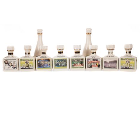 TEN CELTIC FC 5CL CERAMIC DECANTERS~ Blended Scotch Whisky Comprising of mainly Pointers decanters including, Celtic Park, Sc