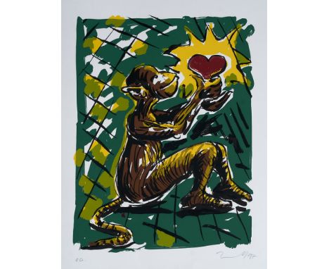 Jörg Immendorff. (1945 Bleckede - 2007 Düsseldorf). Herzaffe. 1997. Farbserigrafie auf weißem Zerkall-Bütten. 51,5 x 39,5 cm 