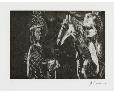 Pablo Picasso. (1881 Malaga - 1973 Mougins). Vieil homme et femme penchée sur l'encolure de son cheval. 1970. Aquatinta- u. K