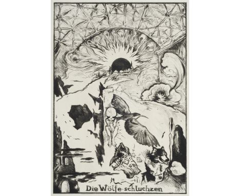Wiener Aktionismus - - Günter Brus. (1938 Ardning). Die Wölfe schluchzen. 1982. Radierung auf chamoisfarbenem Hahnemühle. 33 