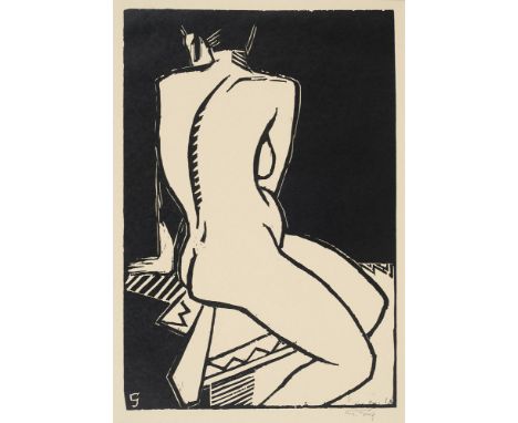 Expressionismus - - Gottfried Graf. (1881 Mengen - 1938 Stuttgart). Sitzender Akt. 1924. Holzschnitt auf cremefarbenem Vélin.