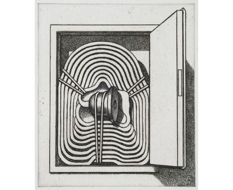 Konrad Klapheck(1935 Düsseldorf -  lebt u. arbeitet in Düsseldorf)Schlauch im Kasten (Repression). 1975. Radierung auf chamoi