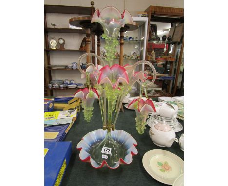 Fine 19C vaseline & ruby tinted glass epergne in fine condition