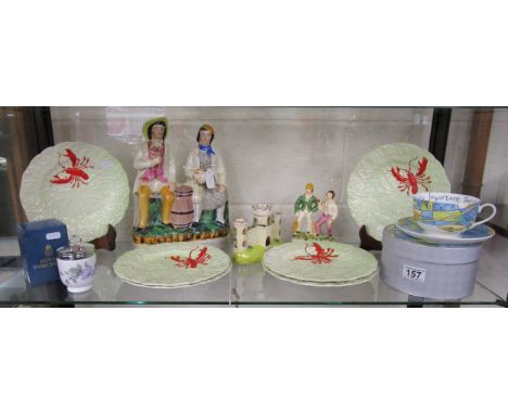 Shelf of ceramics to include Staffordshire flatbacks & Carlton ware