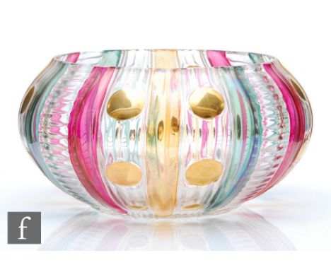 A mid 20th Century Novy Bor glass bowl designed by Max Kannegiesser, of compressed ovoid form with moulded banded decoration 