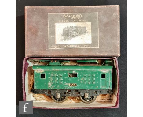 An O gauge Stronlite&nbsp;3-rail electric 0-4-0 green ED539 pantograph locomotive, boxed but playworn. 