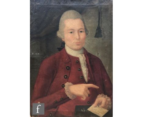 FRENCH SCHOOL (18TH CENTURY) – Portrait of a gentleman wearing a red jacket and waistcoat, oil on canvas, unframed, 69cm x 50