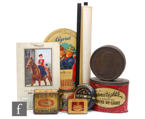 A Victorian embossed Jubilee advertising circular tin, width 19cm, a Slippery Elm tin, other tins, an Alphamettes advertising