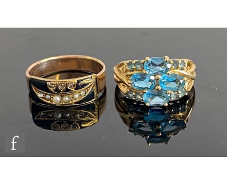 A 14ct hallmarked blue topaz cluster ring, weight 4g, ring size N, with an unmarked memorial ring set with seed pearl, weight