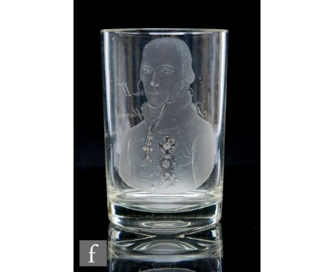 An early 19th Century continental clear crystal glass tumbler engraved with a portrait of a military leader with a dedicated 