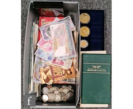 A 1696 crown, a Marie Theresa dollar, a 1895 five marks and other silver coinage, replica hammered coinage, assorted banknote