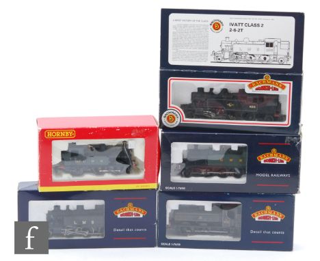 Five OO gauge tank locomotives, comprising Hornby R2026B GWR green 0-4-2T 1427, and four Bachmann, 32-135 GWR green 2-6-2T 55