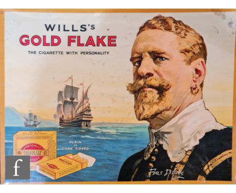 A Wills’s post 1950s Gold Flake pictorial sign depicting Sir Francis Drake and a seascape, 38cm x 50cm, an aluminium pictoria