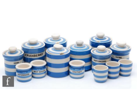 A collection of later 20th Century T.G Green Cornish Ware blue and white banded wares comprising named pots for Cranberry, Ba