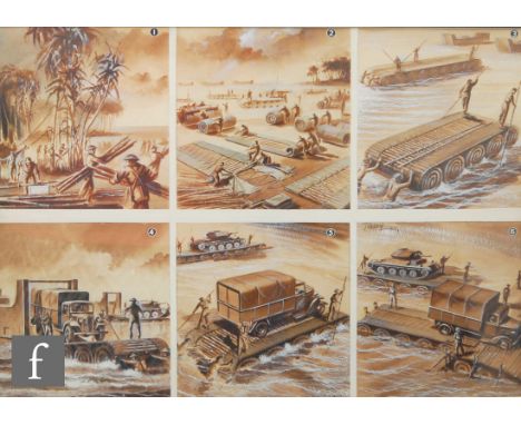 JOBSON (20TH CENTURY SCHOOL) - World War Two beach landing and Far East battle scenes with tanks and infantry, watercolour an