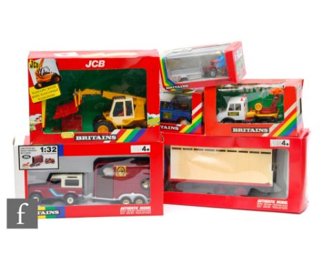 A collection of Britains 1:32 scale farm vehicles, all boxed, to include model 9580 Animal Transporter, 9519 JCB Loadall, 958