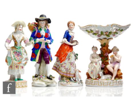 An early 20th Century Dresden type pedestal basket modelled with a girl and boy sat beside a tree trunk with encrusted floral