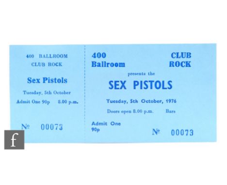 An unused and intact 1976 Sex Pistols ticket, from the 400 Ballroom and Club Rock cancelled gig, Tuesday 5th October, 1976, N