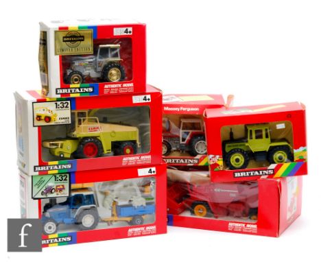 A collection of Britains 1:32 scale farm vehicles, all boxed, to include model 9570 Massey Ferguson 760 Combine Harvester, mo