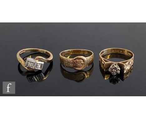 Three 9ct hallmarked rings to include a diamond two stone ring and a buckle ring, total weight 8.3g, various styles and dates