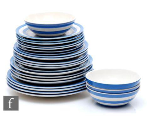 A collection of later 20th Century T.G Green Cornish Ware blue and white banded wares comprising four 30cm diameter shallow p