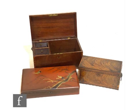 A 19th Century satinwood crossbanded mahogany tea caddy, width 39cm, a similar tea caddy, width 30cm, and a Japanese lacquere