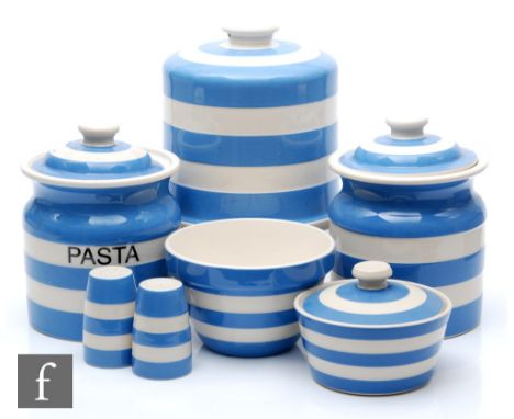 A collection of later 20th Century T.G Green Cornish Ware blue and white banded wares comprising a large named Pasta kitchen 