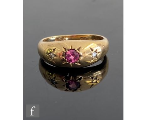 A 9ct hallmarked gypsy set spinel and diamond three stone ring, weight 2.7g, ring size I. 