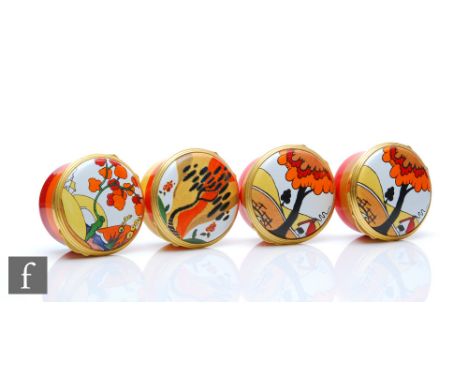Four Bijou collection enamel pill boxes each decorated with a design by Clarice Cliff comprising two in House and Bridge, one